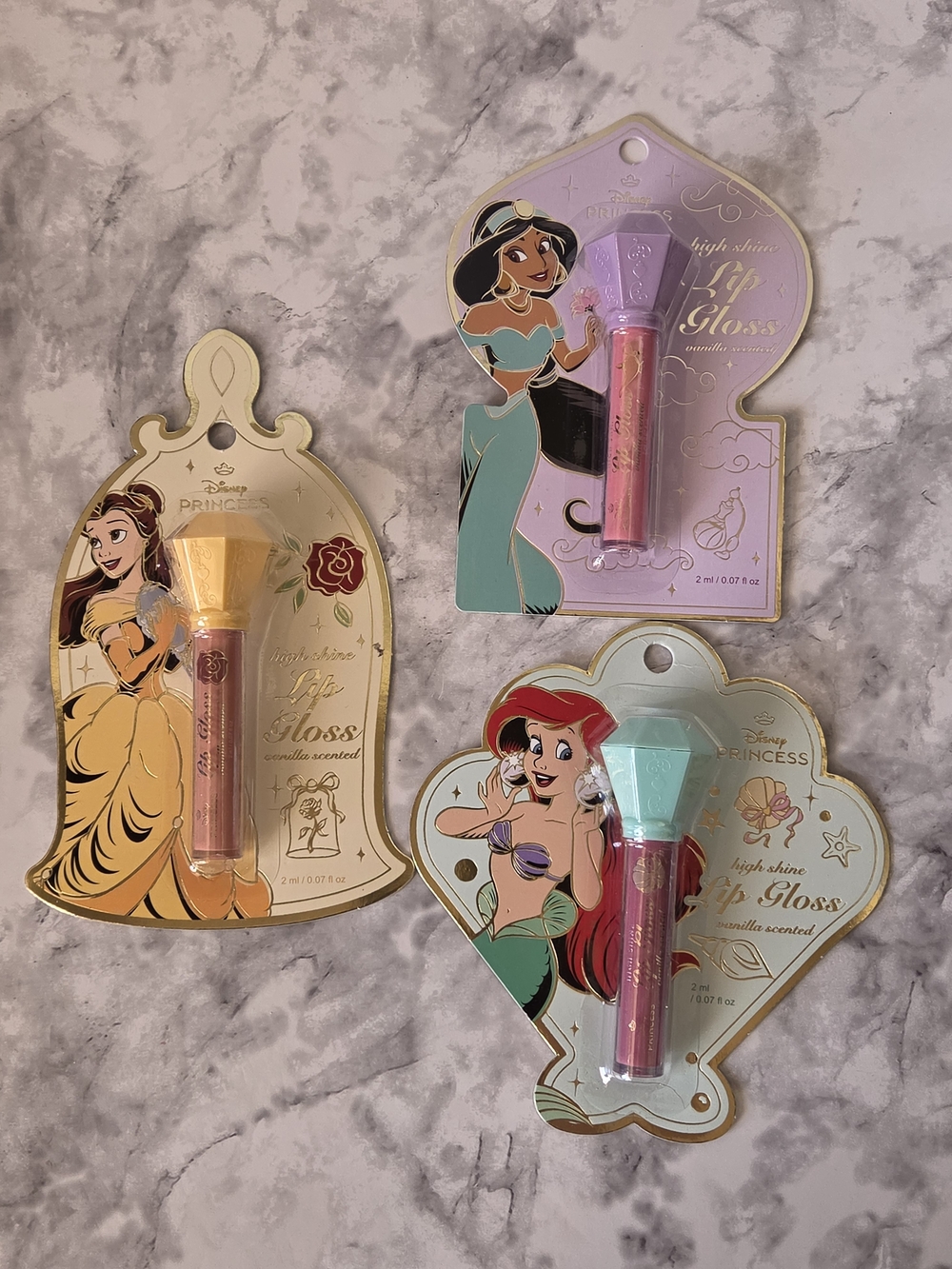 Disney Princess Lip Gloss Trio - Belle, Jasmine & Ariel - Red, Pink. Peach Shade